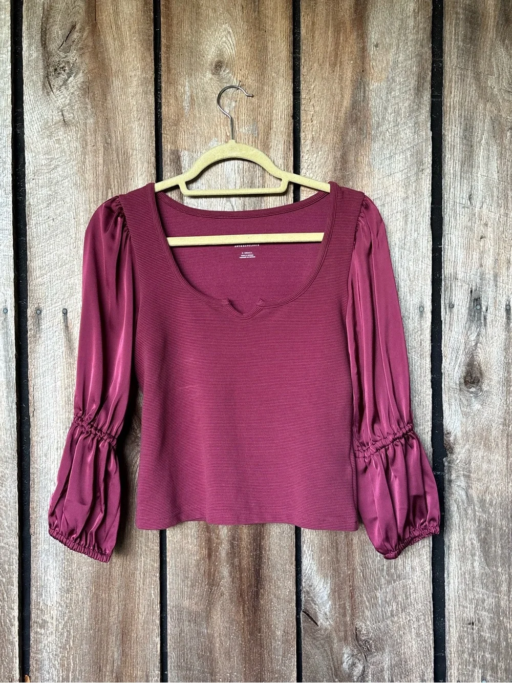 Maeve Anthropologie Burgundy Ribbed Knit Top Satin Puff Sleeves XS Cottage core